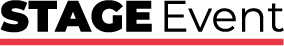 Logo for 'STAGE Event' med fet svart tekst for 'STAGE' og 'Event' i en moderne skrift, med rød understreking.